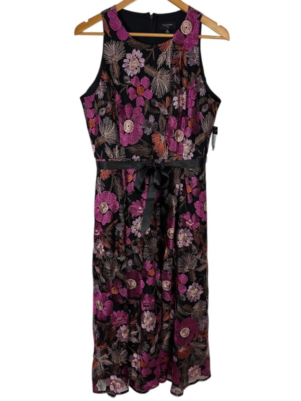 Tahari ASL NEW Floral Embroidered FLAW Black Pink Hi Low Dress Size 8 Feminine